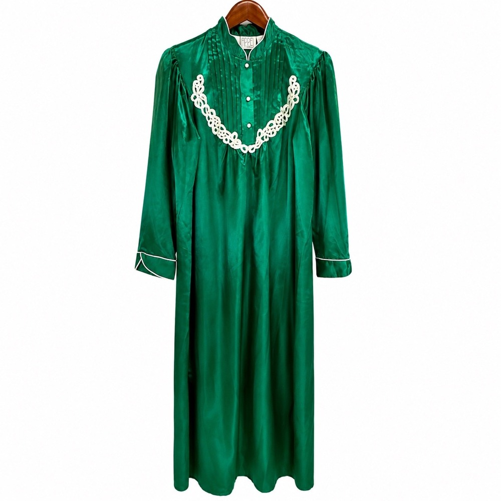 Appel Sleepwear Vintage Jade Green Satin Nightgown Lace Trim Maxi Medium 952007